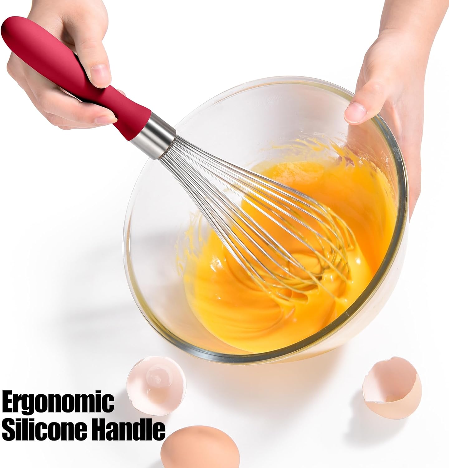 18/8 Stainless Steel Balloon Whisk, Doosu Kitchen Whisk for Cooking Handheld Egg Beater with Rust-Proof Sturdy Wires & Non-Slip Silicone Handle for Beating, Stirring, Blending (12 Wires, Red)