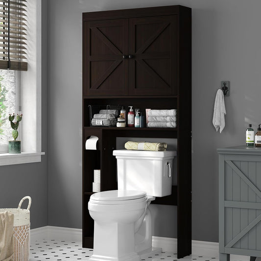 Furnideco 32.3''W Over The Toilet Storage Cabinet with Barn Doors, Over Toilet Shelf Farmhouse Storage Cabinet Space Saver with Toilet Paper Holder & Adjustable Bottom Bar, Espresso