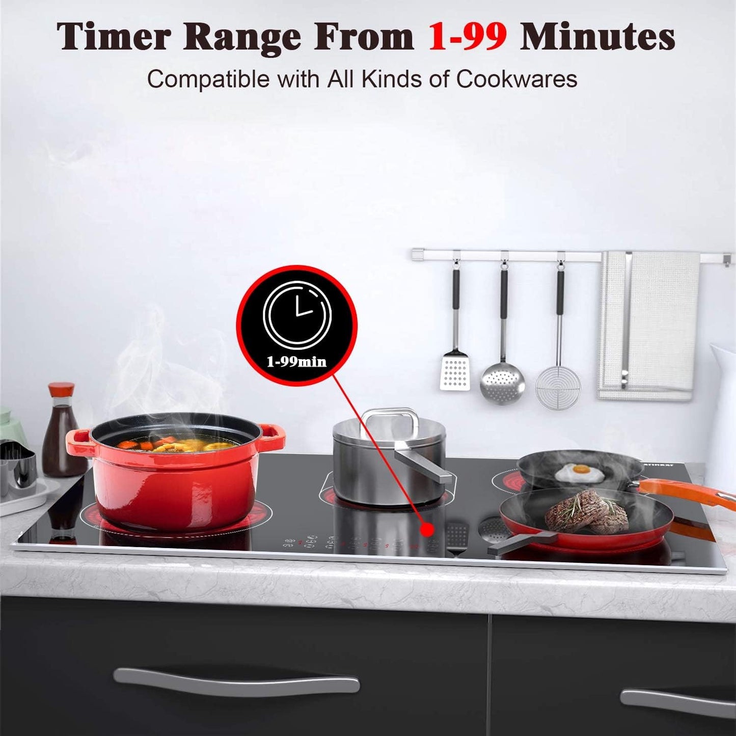 Karinear 30 Inch Electric Cooktop 30 Inch 5 Burners Electric Stove Ceramic Cooktop, Drop-in Electric Radiant Cooktop with Front and Back Metal Frame, Lock, Timer, 8400W, 220-240V, Hard Wire, No Plug