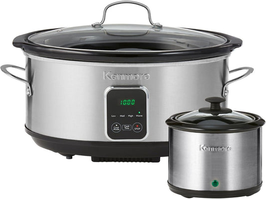 Kenmore 7 Quart Slow Cooker - Programmable crock pot with Dipper, Stainless Steel Electric Cookers, Warm Rice & Sous Vide Stew Soup For Lunch, Dishwaher Safe Non-Stick Ceramic Insert, Digital Control