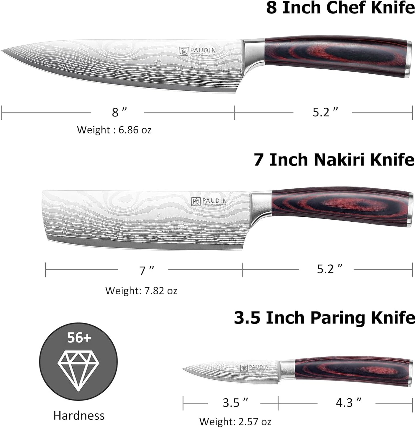 PAUDIN Kitchen Knife Set, 3 Piece High Carbon Stainless Steel Professional Chef Knife Set with Ultra Sharp Blade & Wooden Handle (Kitchen Knife Set 3 Pcs)