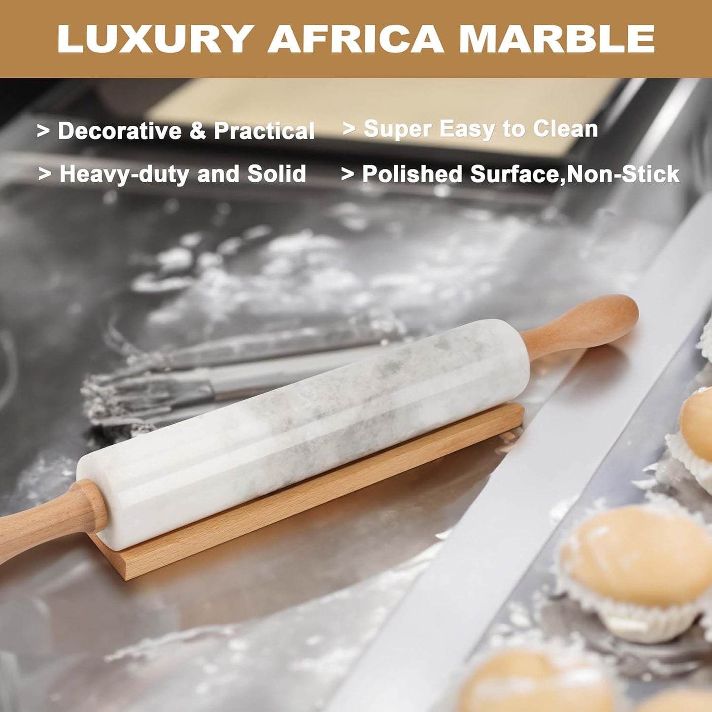 Koville African Natural Marble Rolling Pin, Non-Stick Polished Dough Roller, Pasta, Dumpling, Fondant, Pie Crust, Bread, Pizza Dough, Kitchen Baking Pastry Tools with Mat/Scraper（Namib Fantasy）