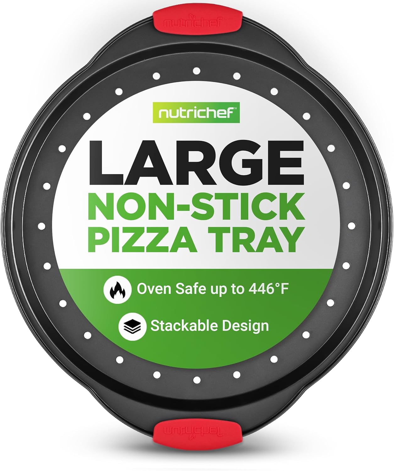 NutriChef 13-Inch Nonstick Pizza Tray - Round Carbon Steel Non-Stick Pizza Baking Pan with Perforated Holes, Premium Bakeware Pizza Screen with Silicone Grip Handles, Dishwasher Safe - NCBPIZ1