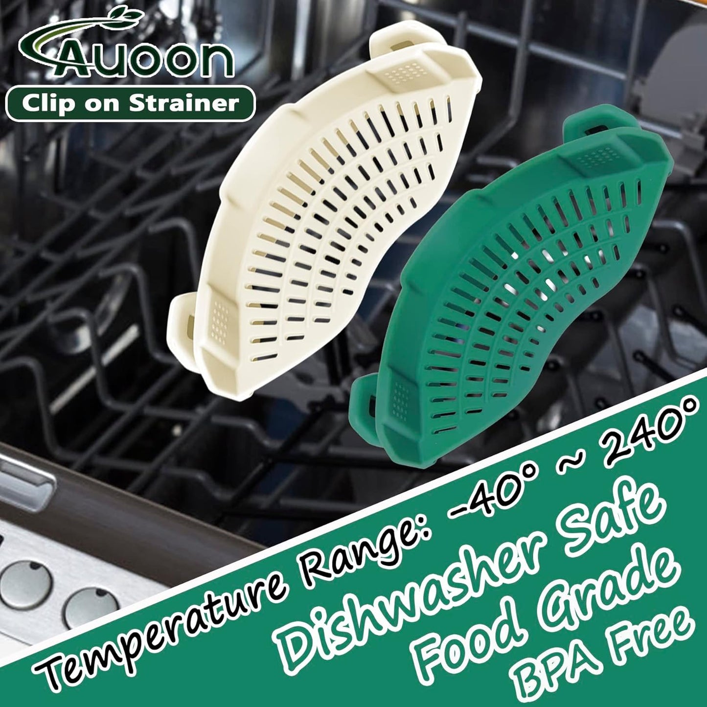 AUOON Clip On Strainer Silicone for All Pots and Pans, Pasta Strainer Clip on Food Strainer for Meat Vegetables Fruit Silicone Kitchen Colander (White)