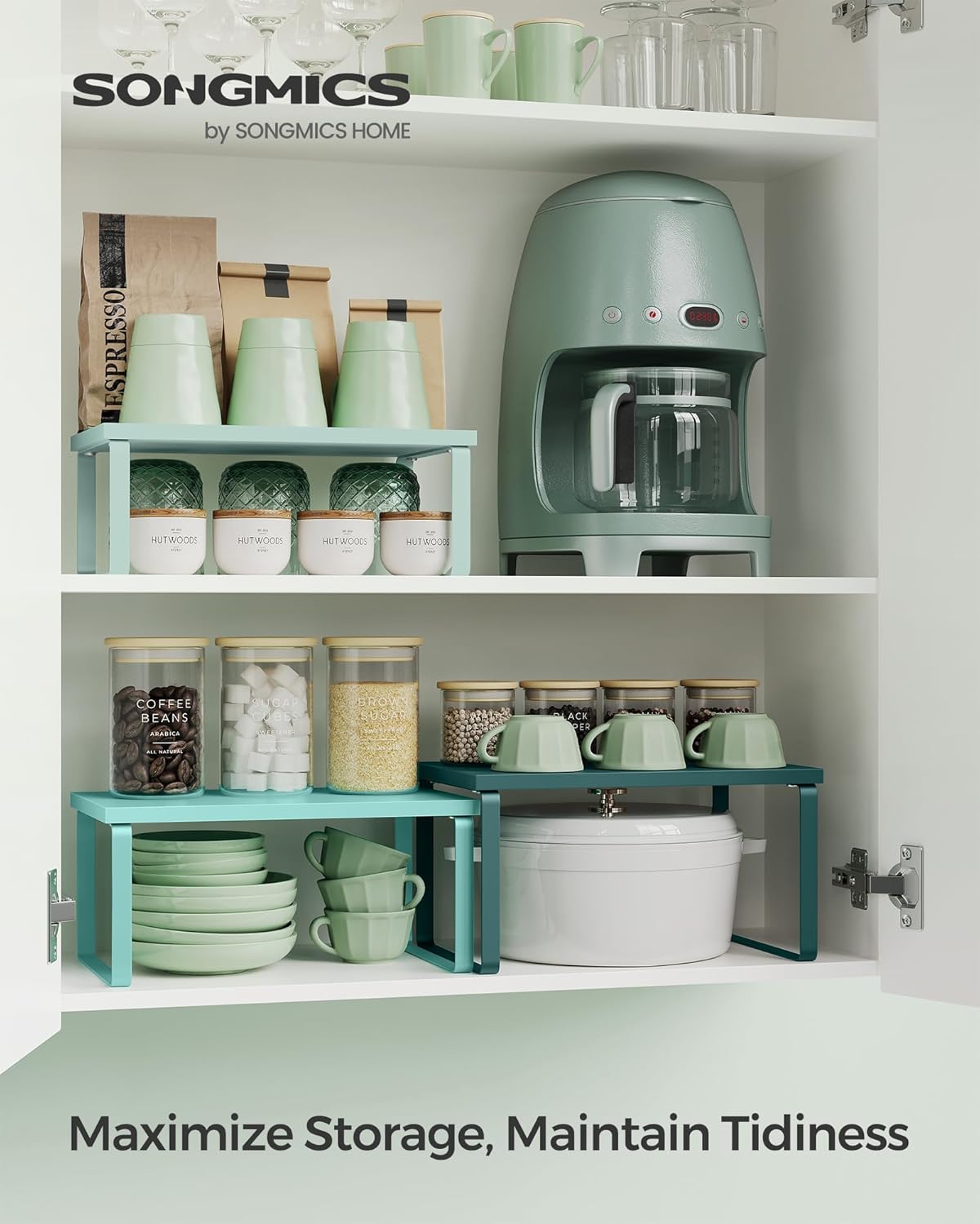 SONGMICS Cabinet Organizer Shelf, Set of 3 Kitchen Counter Shelves, Kitchen Storage, Spice Rack, Stackable, Expandable, Green UKCS220C01