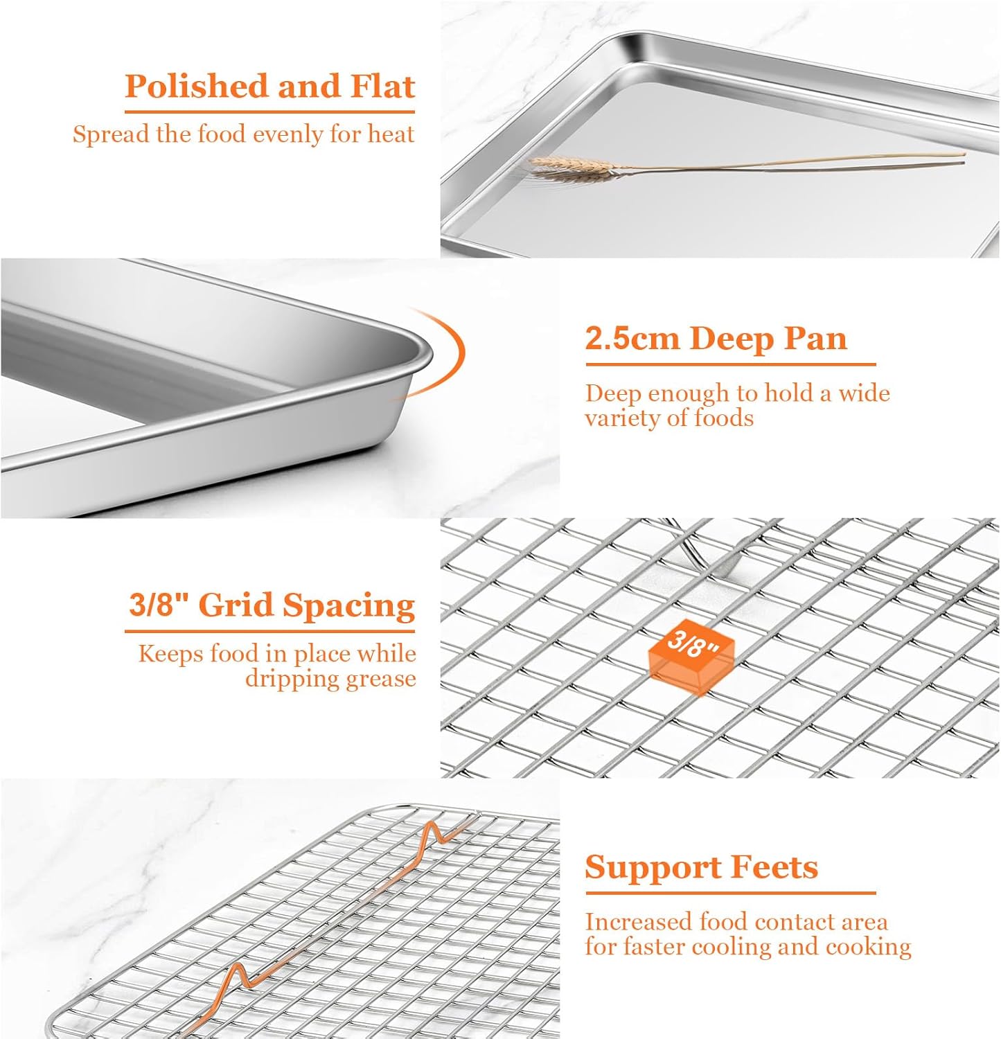 Jelly Roll Pan with Cooling Rack, Leonyo Baking Sheet Pan with Wire Rack, Commercial Stainless Steel & Nonstick Large Cookie Sheet Trays for Oven Cooking, Size 16 x 12 Inch (2 Trays + 2 Racks)