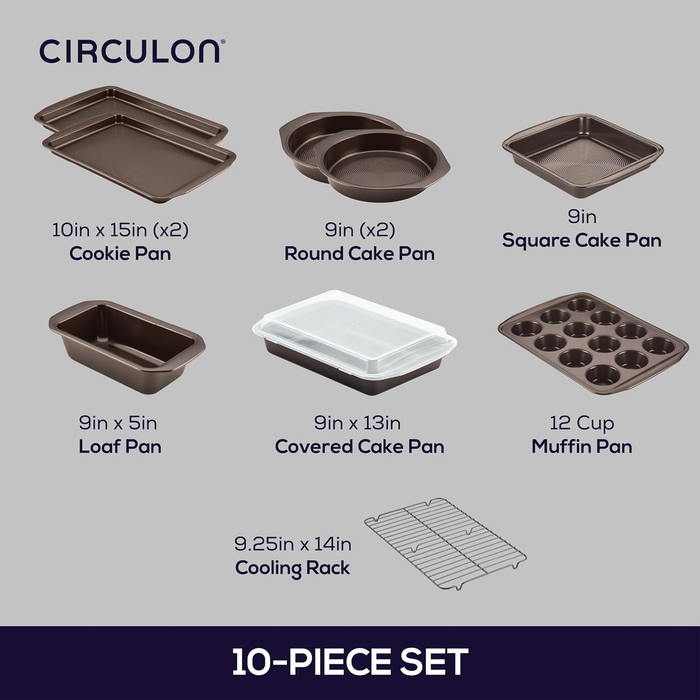Circulon Nonstick Bakeware Set with Nonstick Bread Pan, Baking Pans, Baking Sheets, Cookie Sheets, Cake Pan and Muffin Pan / Cupcake Pan - 10 Piece, Chocolate Brown
