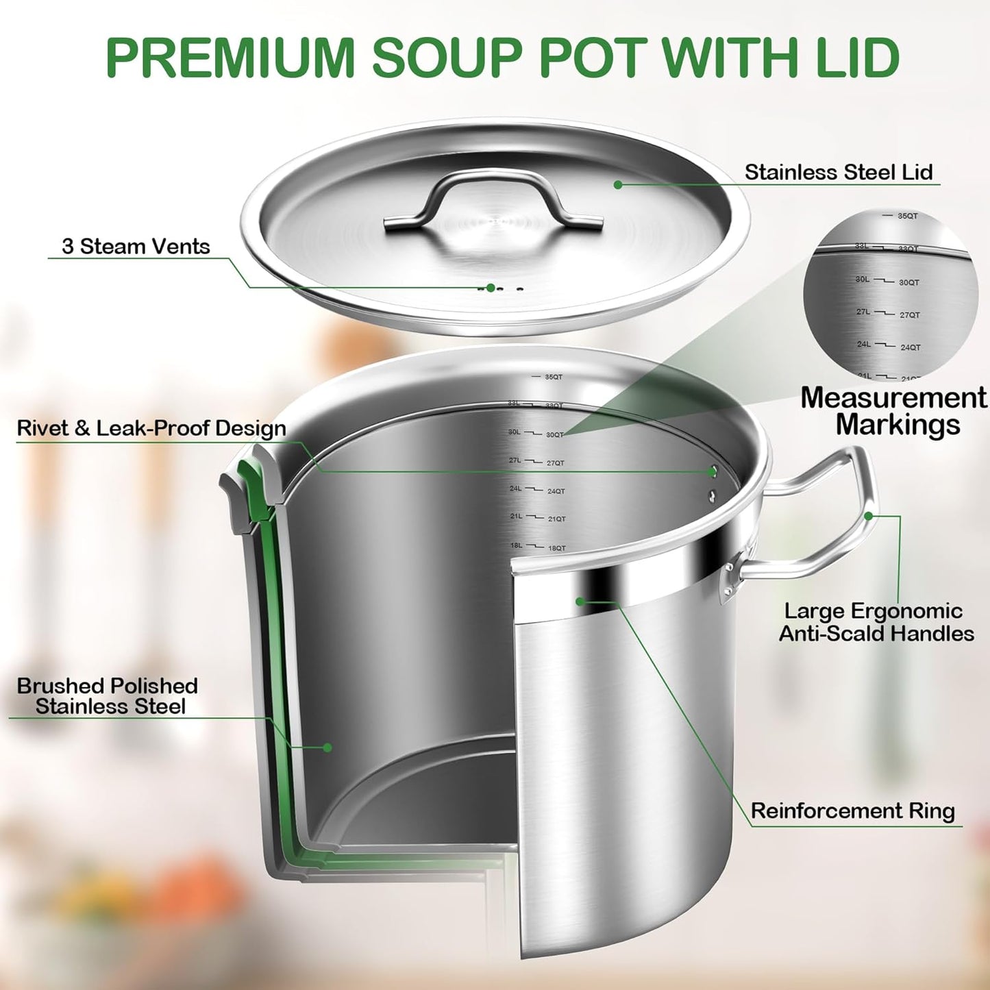 Commercial Grade Large Stock Pot - Soup Pot with Lid - Non-Nickel Stainless Steel - Healthy Cookware Polished Stockpots - Heavy Duty - 35 Quart (8.8Gallon)
