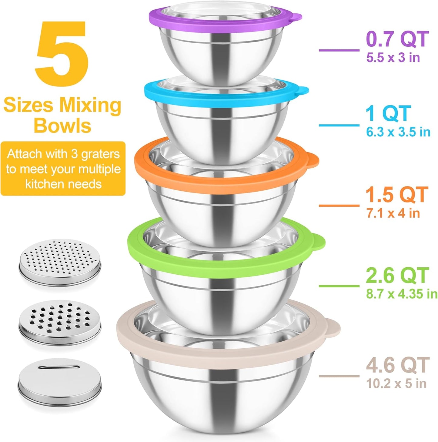 TeamFar Mixing Bowls, Stainless Steel Salad Serving Bowl with Clear Lids & 3 Graters, For Kitchen Cooking Prepping Storing, Size 4.6/2.6/1.5/1/0.7 QT, Nesting & Airtight, Set of 5 & Multicolor