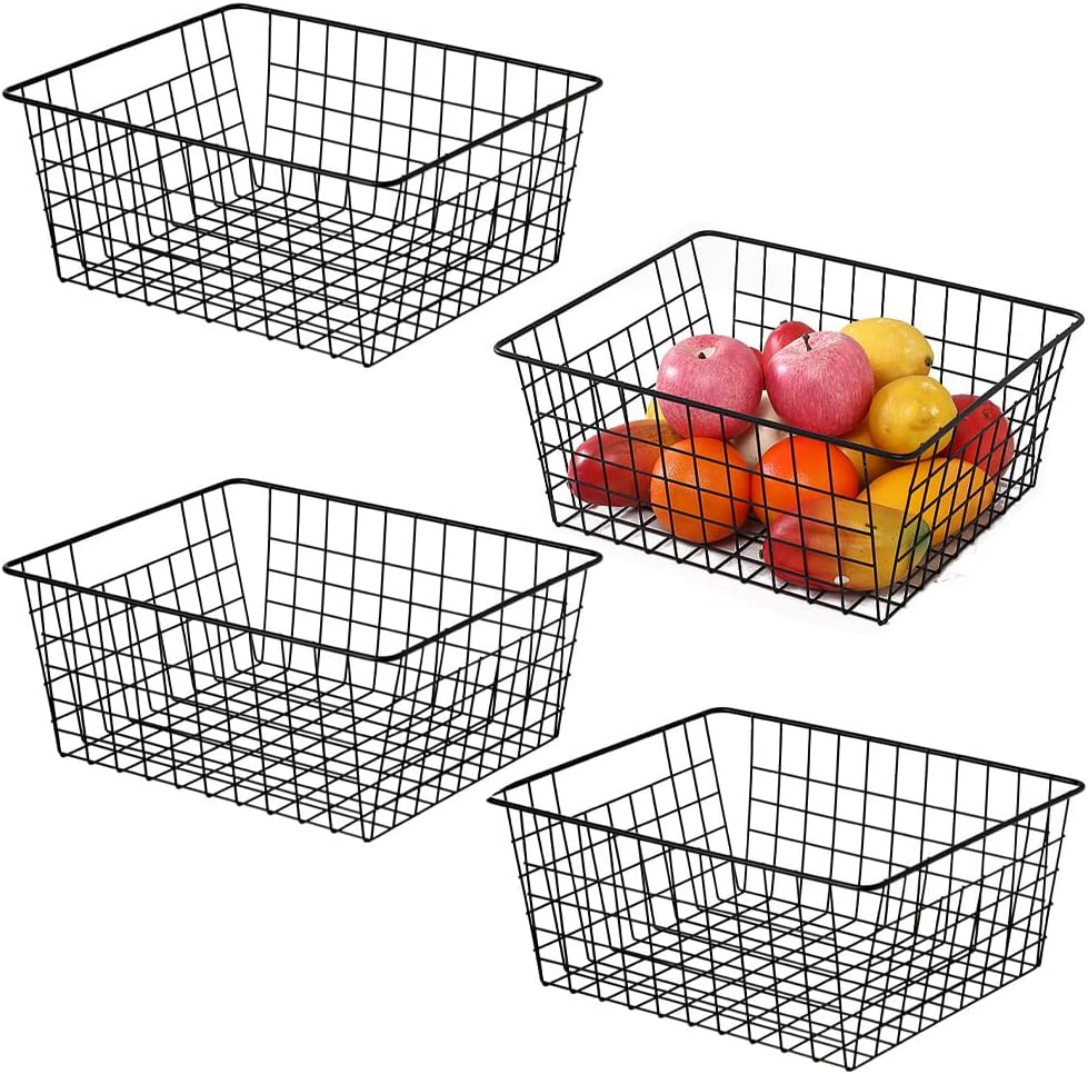 Kitchen Wire Baskets Farmhouse Decor Metal Food Storage Organizer,Household Refrigerator Bin with Built-in Handles for Cabinets,Pantry,Bathroom,Black