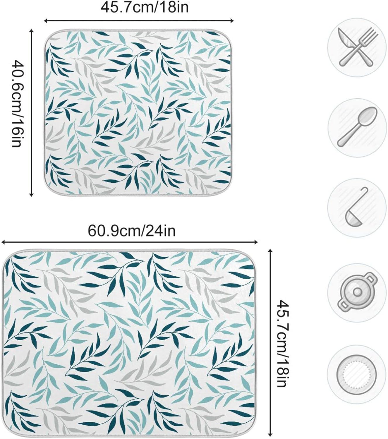 Blue Grey Olive Leaves Dish Drying Mat for Kitchen Counter Absorbent Microfiber Drying Pad, Large 18x24 in, Reversible Drainer Mats