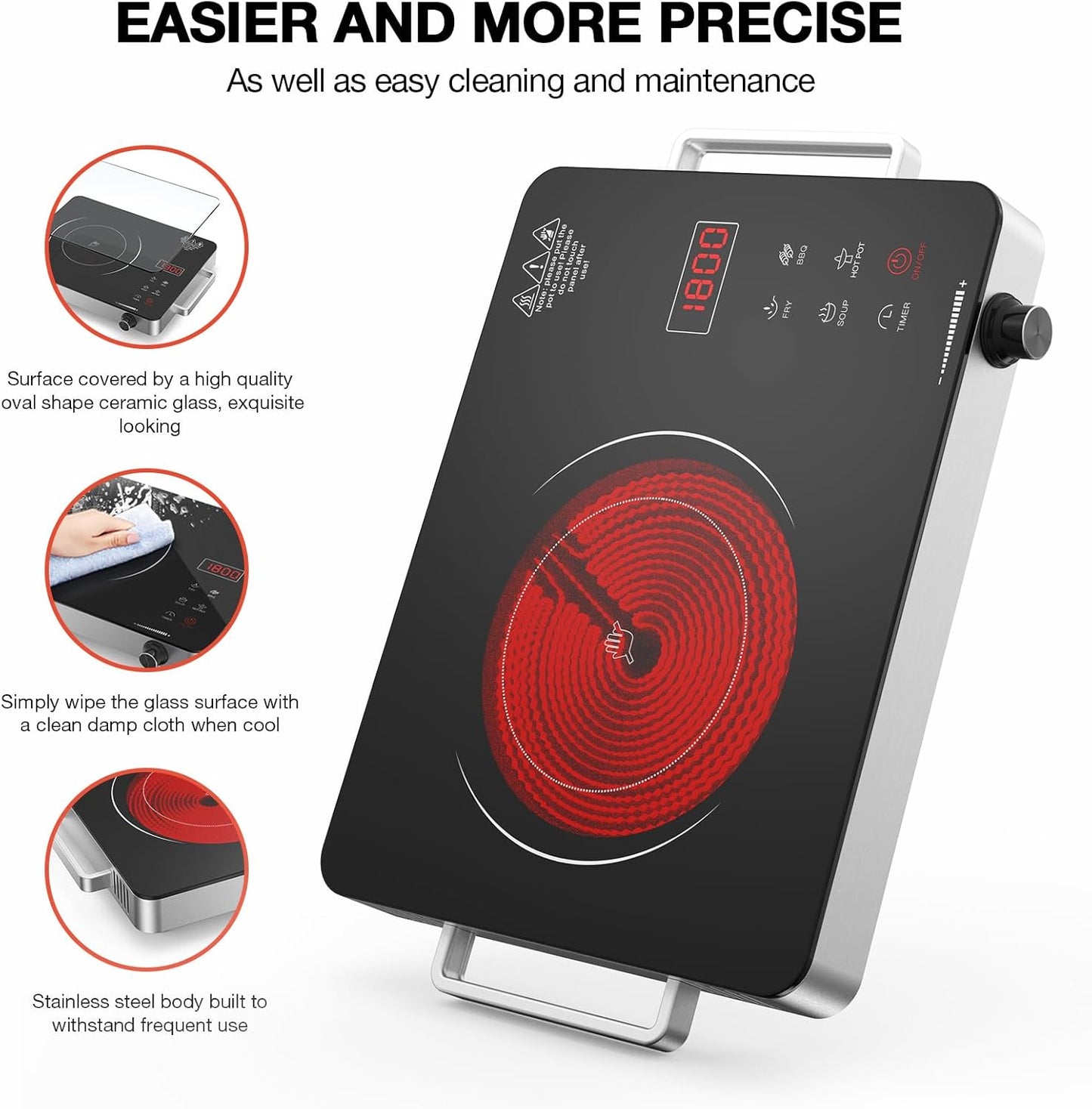 Electric Cooktop,Portable Electric Cooktop 1800W Single Burner Stove with Plug,Hot Plate Countertop,110V-120V Infrared Burner,Child Safety Lock,Timer,Touch and Knob Control