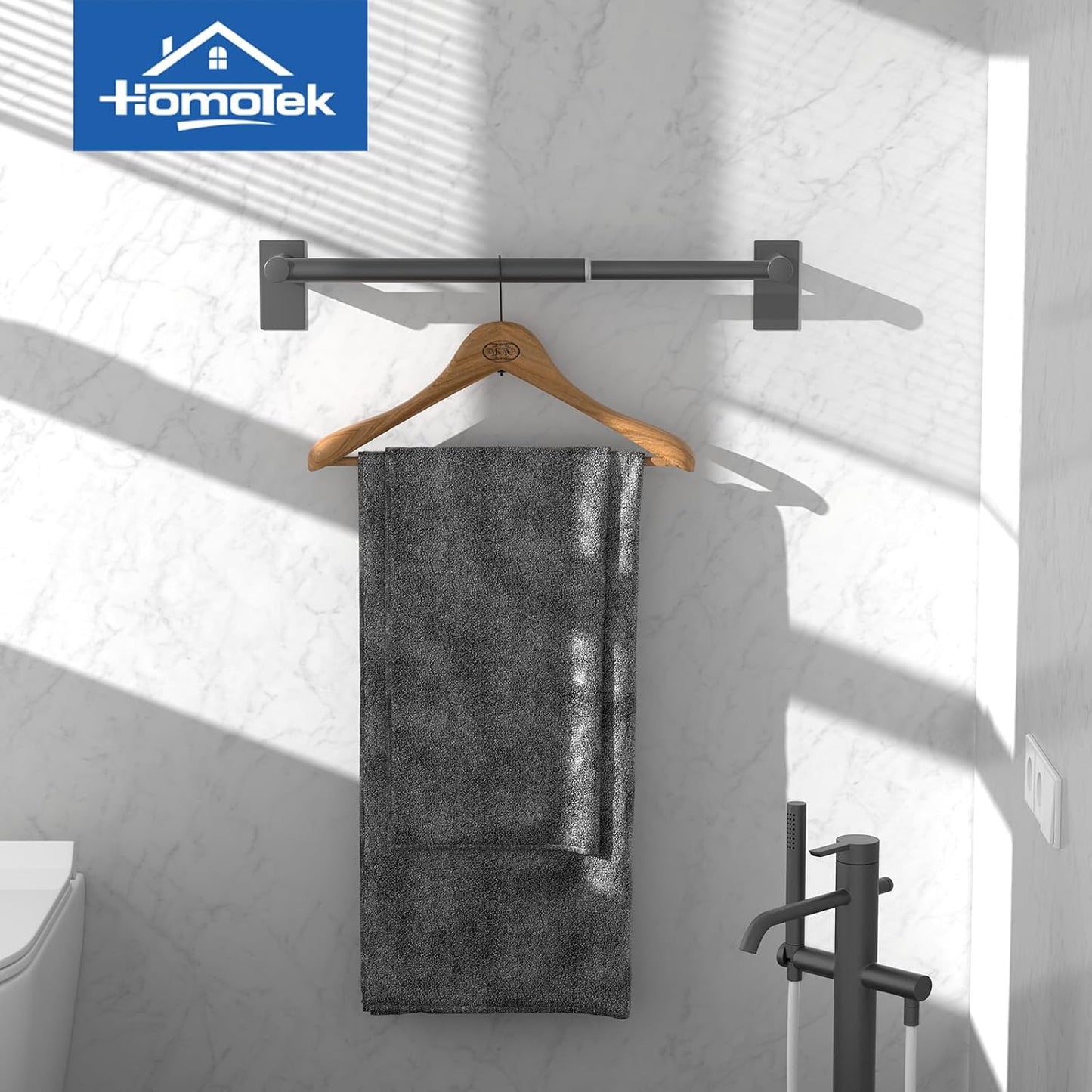 2 Pack Adhesive Adjustable Towel Bar, Economical Self Stick Bathroom Towel Holders, HOMOTEK Bathroom Rod Size from 14 Inch to 24.5 Inch Single Hanger for Kitchen(Thickened Matte Black)