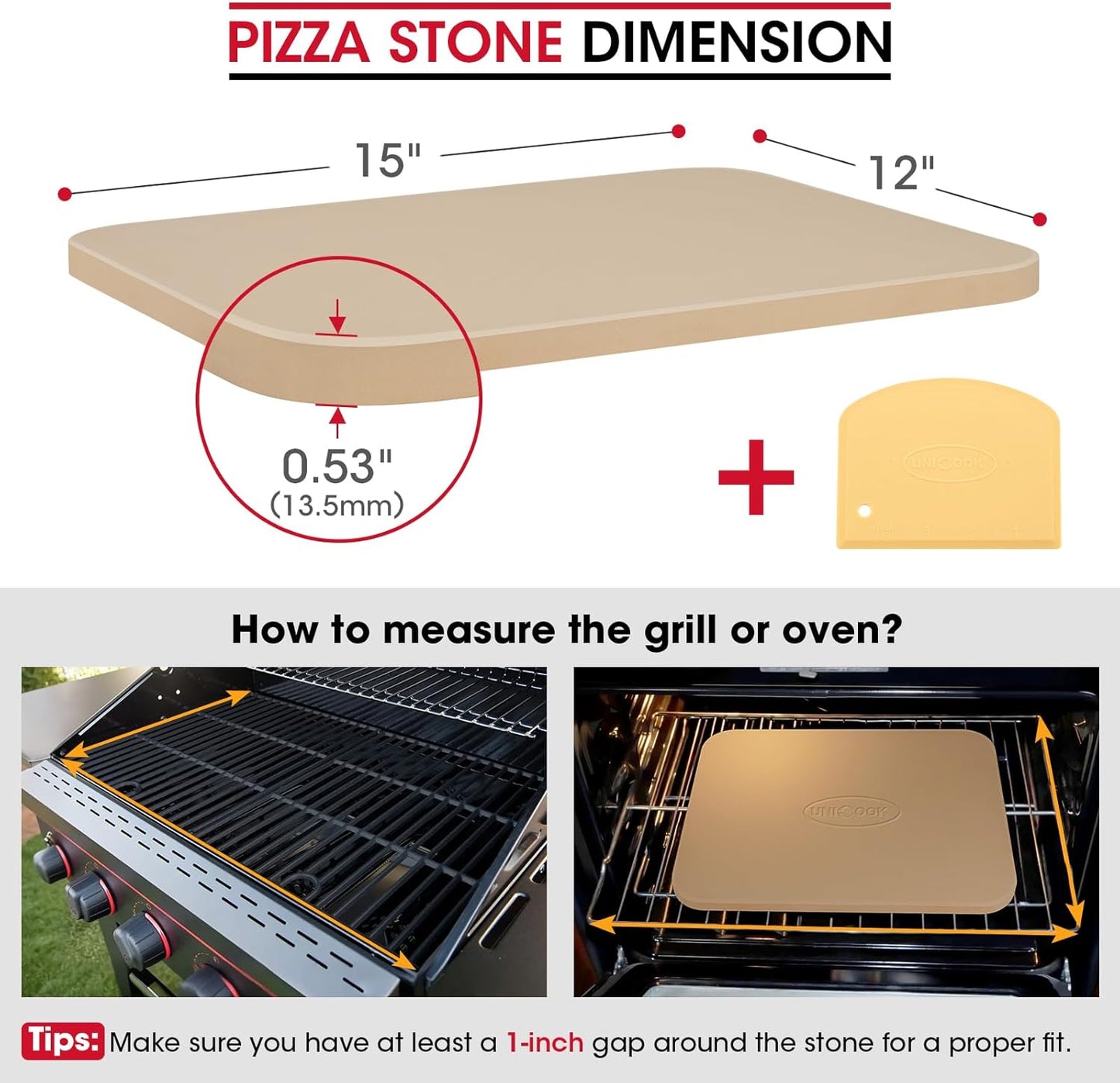 Unicook 15 x 12 Inch Pizza Stone for Oven and Grill, Cordierite Rectangular Baking Stone, Thermal Shock Resistant, Ideal for Baking Crispy Pizzas, Bread and Cookies