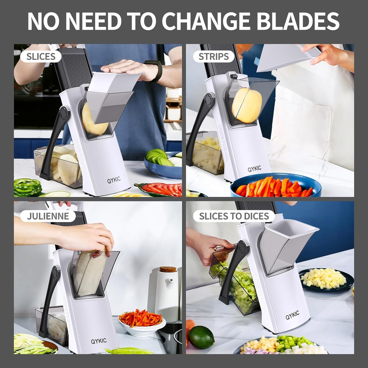 Upgrade Safe Mandoline Slicer for Kitchen, Vegetable Chopper Slicer, Potato Slicer Thickness Adjuster, French Fry Cutter, Veggie Onion Dicer Faster Kitchen Mandolin for Meal Prep (White)