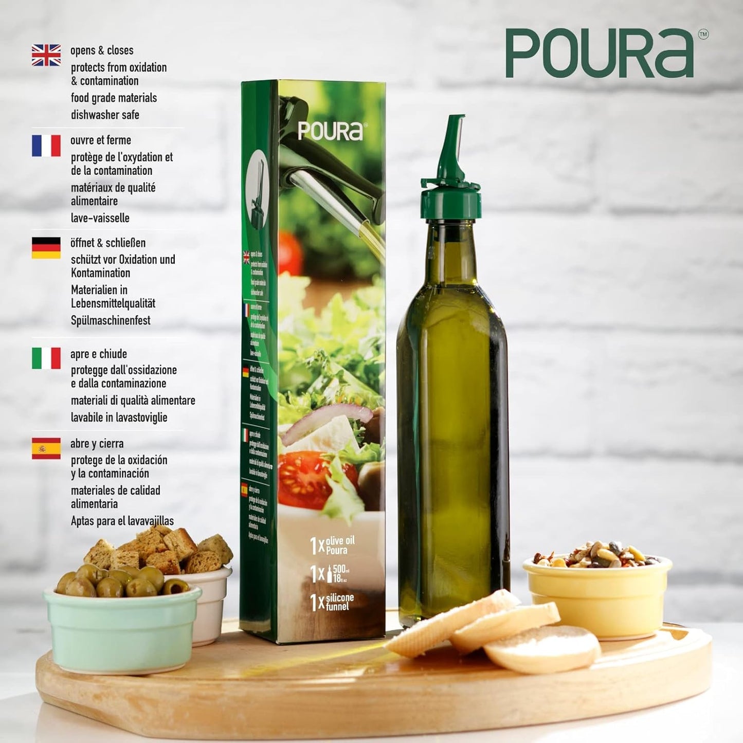 Poura Glass Olive Oil Bottle Drizzler with Pourer Spout - Hygienic Open and Close Pourer Prevents Oxidation Keeping Olive Oil Fresh - Includes Funnel for No Mess Or Wastage