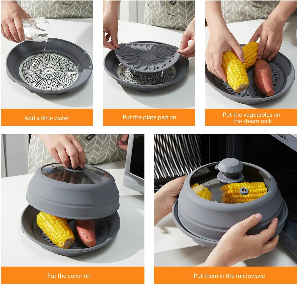 Microwave Splatter Silicone Cover Collapsible, Vented Multifunction Splash Lid with Glass Dish Bowl Plate for Food Cooking Bacon Maker, Dishwasher Safe BPA-Free 9 inch Cookware Set Grey