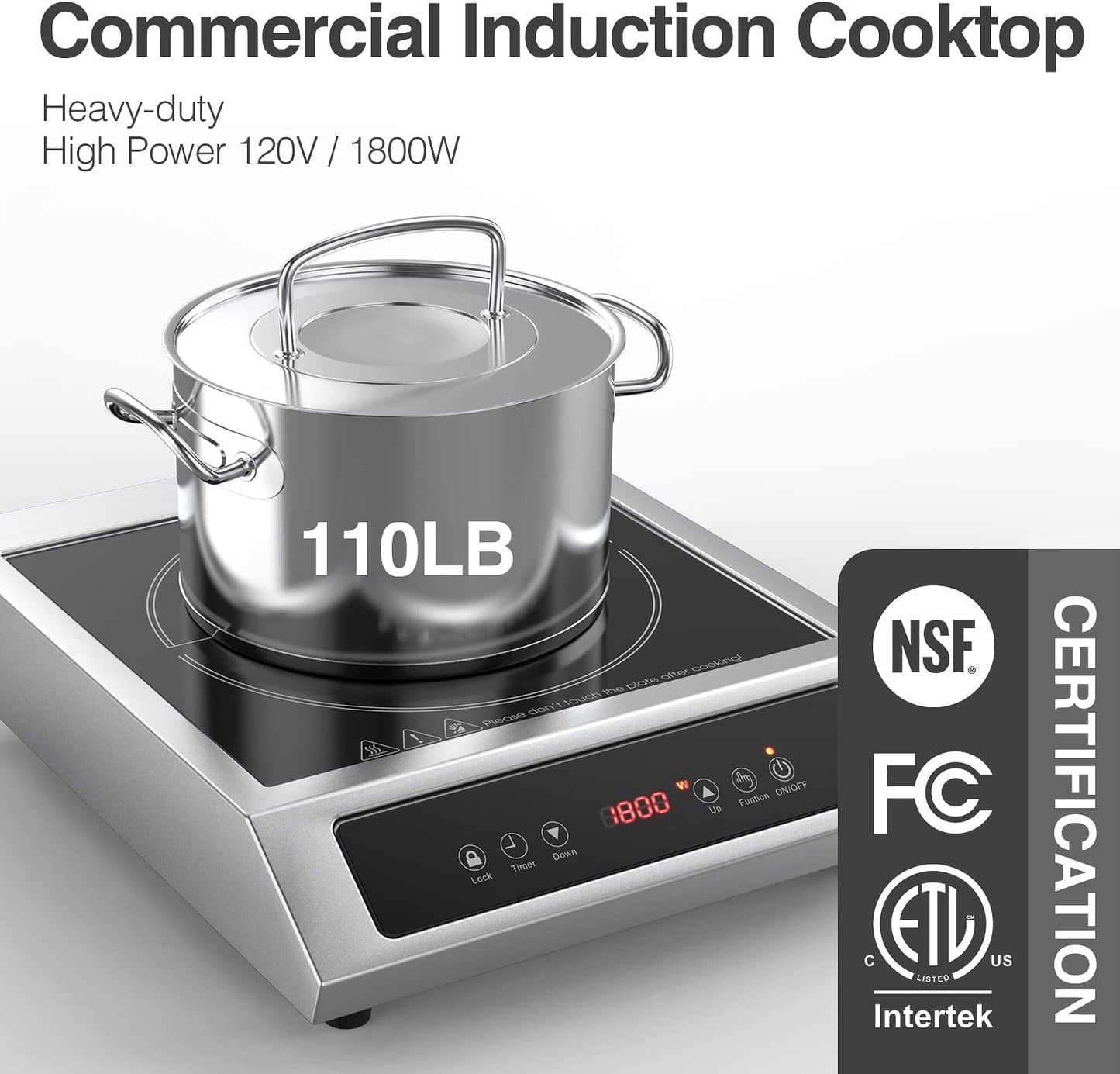 1800W Professional Commercial Induction Cooktop: 120V Stainless Steel Countertop Burner for RV, Small Restaurant, Catering Kitchen - Portable Hot Plate with 3-Hour Timer, Touch Panel