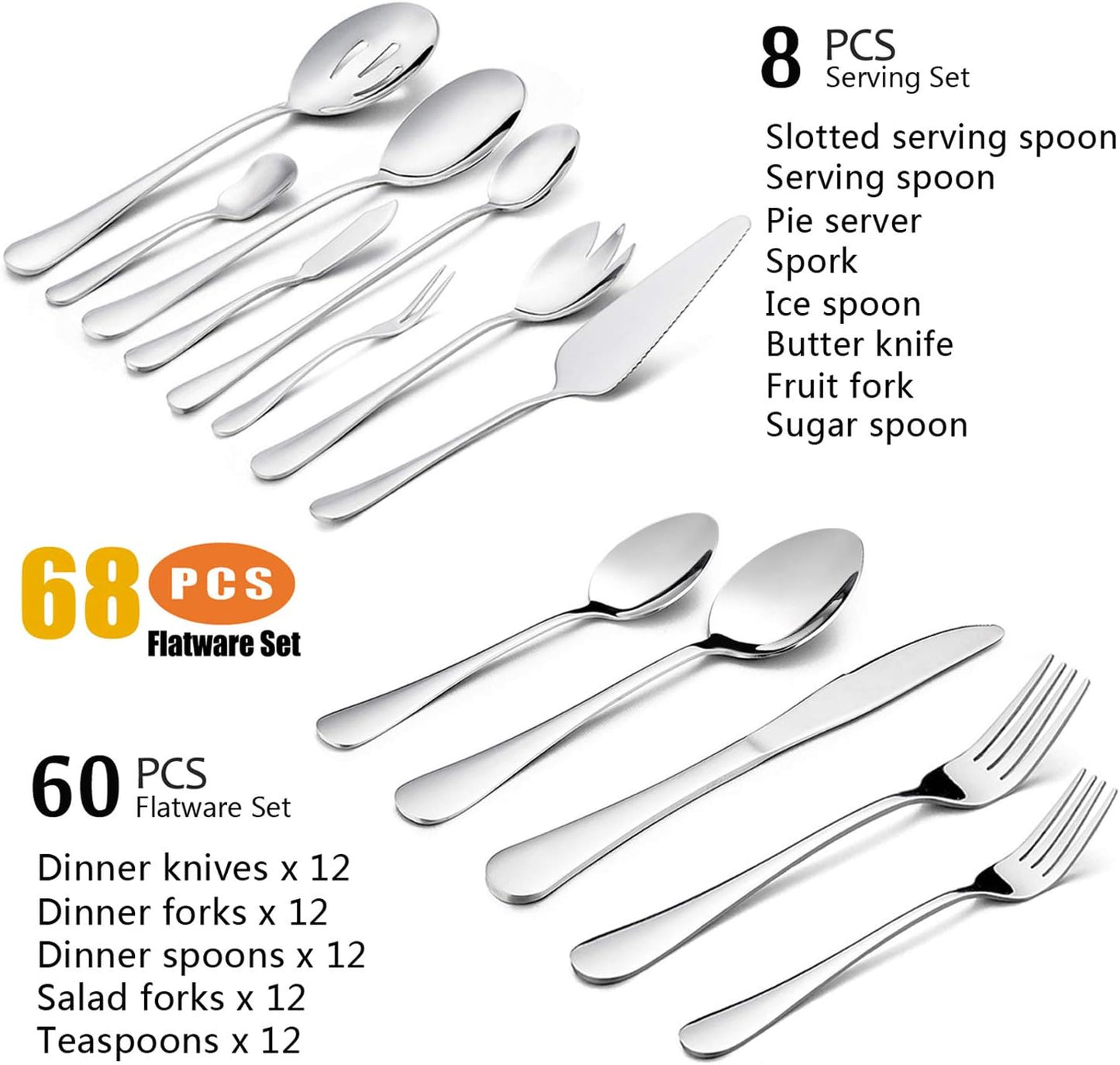 HaWare 68 Pieces Silverware Set with Serving Set, Stainless Steel Modern Flatware Eating Utensils Set, Includes Forks/Spoons/Dinner Knives, Service for 12, Mirror Polished, Dishwasher Safe