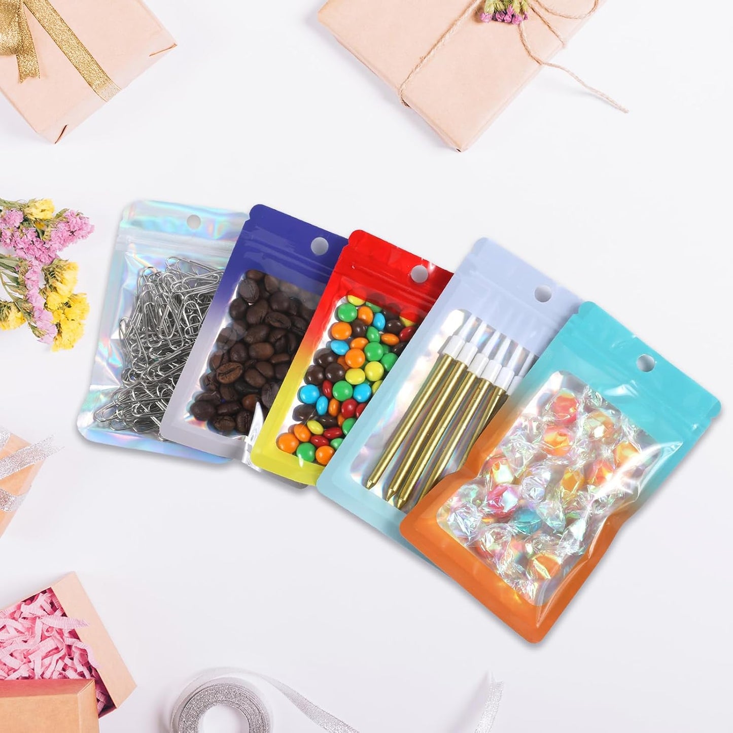 200 Pack Resealable Mylar Holographic Bags Food Storage Smell Proof Bags with Front Window Foil Packaging Pouch for Candy Sample Jewelry Small Business 4.72×7.87 Inch, Red