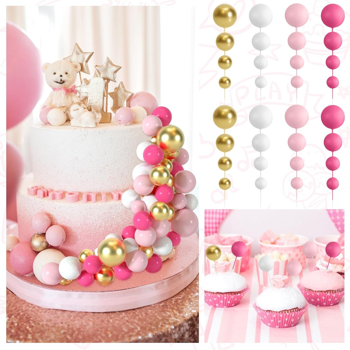 48 Pcs Balls Cake Topper Decorations Balloon Cupcake Toppers Foam Cake Topper Balls Cake Balls Decorations for Birthday Party Wedding Anniversary Cake Decorating (Rose Red, Pink, White, Gold)