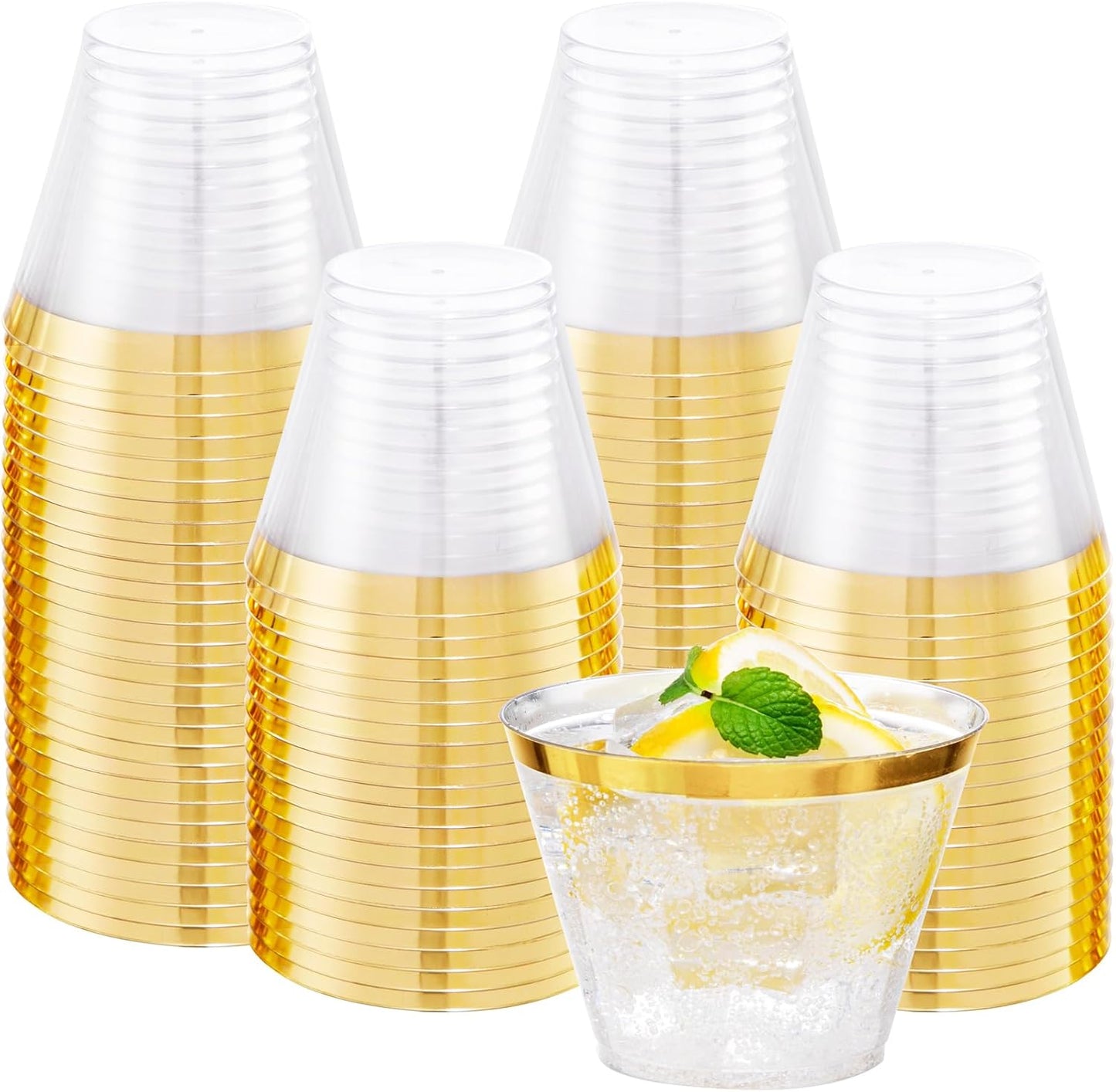 I00000 Heavy Duty Plastic Cups, 9 oz, Gold Rimmed, Clear, 100 Count, BPA Free, Disposable, for Party & Wedding