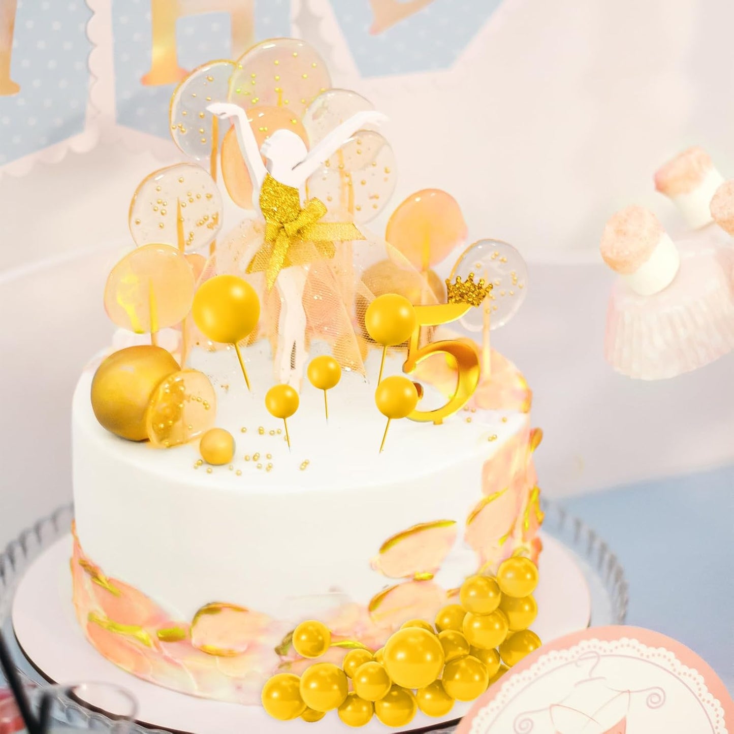 48 Pcs Yellow Cake Topper Decorations - Balloon Cupcake Toppers Foam Cake Balls for Birthday Party, Wedding Anniversary Cake Decorating