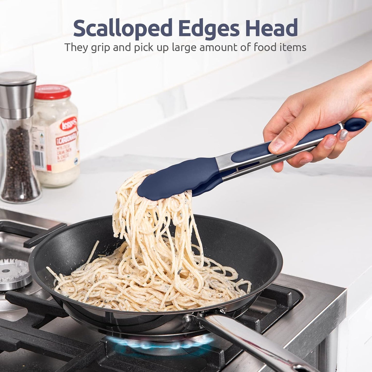 Heat Resistant Silicone Kitchen Tong: U-Taste 9 inch 480ºF Hot Proof Cooking Tong with Firm Sealed Non Stick Rubber Tips & Silicon Coated Steel Handle & Smooth Locking for Serving Grill(Midnight Blue)