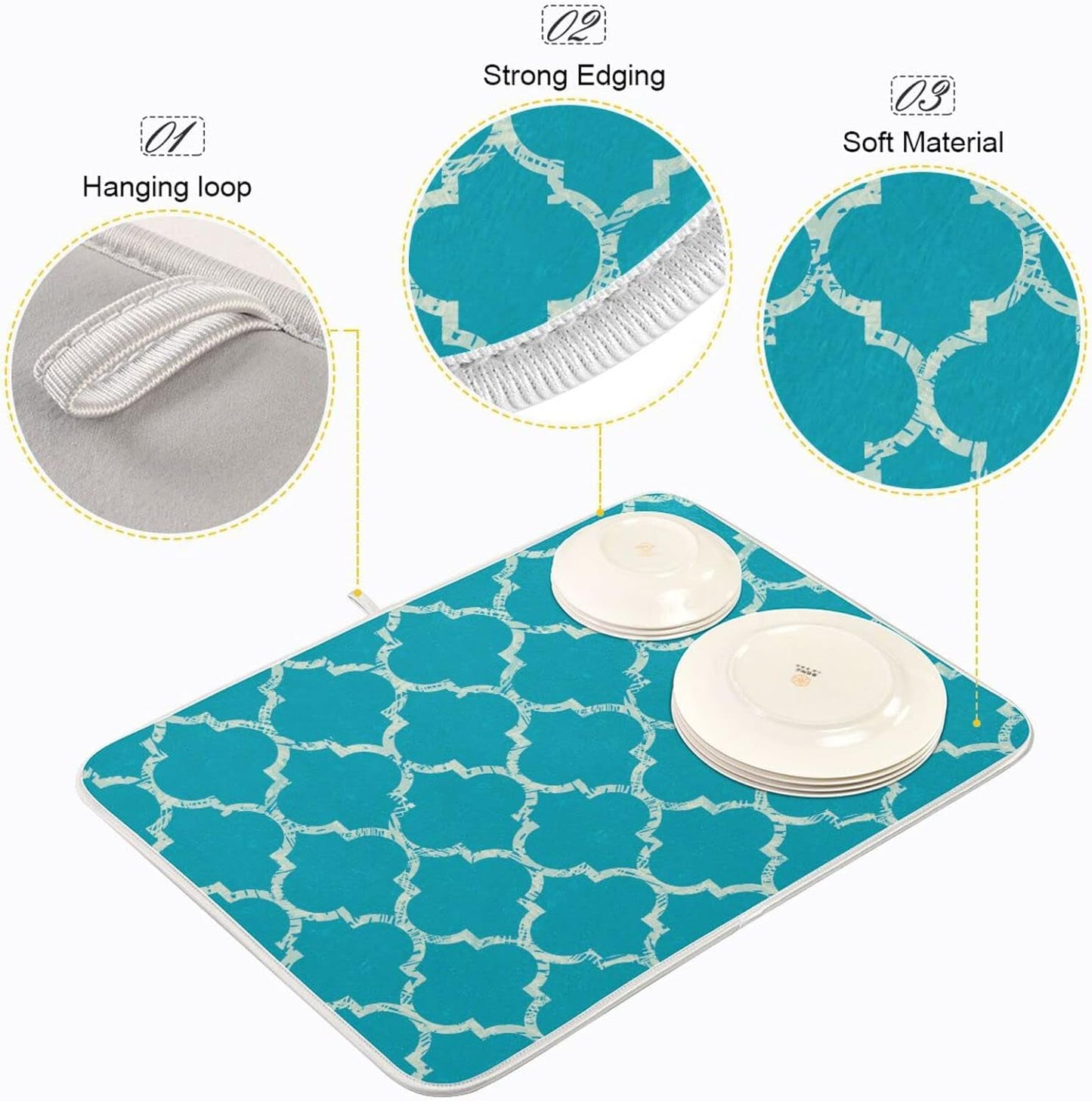 senya Super Absorbent Dish Drying Mat, Microfiber Fast-Drying Dish Mat, 24'' x 18'', Kitchen Dish Drying Pad, Beautiful Grunge White Morrocan Trellis