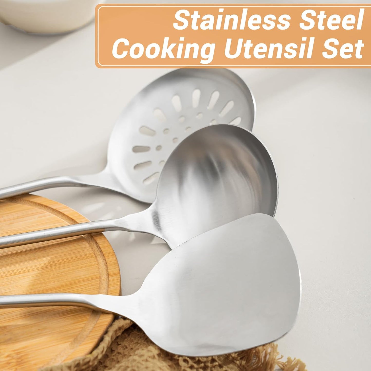 FJNATINH Wok Spatula and Ladle Skimmer Spoon - Stainless Steel Cooking Utensils Set of 3,Kitchen Wok Utensils Set