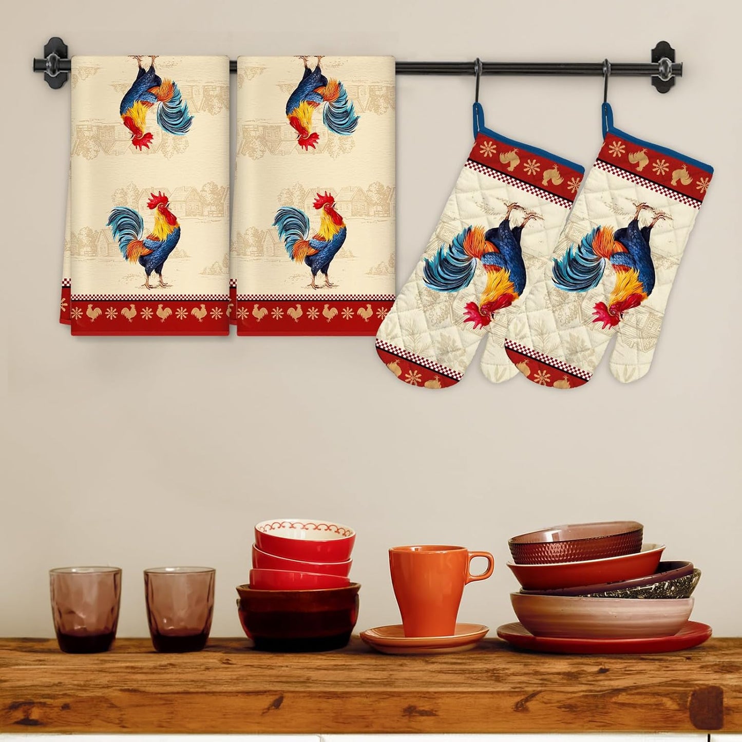 Farmhouse Rooster Kitchen Towels and Oven Mitts Set 4Pcs, Soft Absorbent Dish Cloth Heat Resistant Oven Gloves for Cooking Baking Kitchen Decoration, Gifts for Her