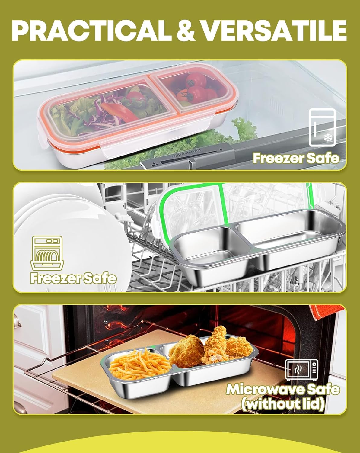 2Pack Stainless Steel Snack Containers for Kids Adults, Reusable Double Compartment Snackle Box Container with Leakproof Lids Metal Bento Lunch Food Snack Box for Travel Picnics Camping Office School