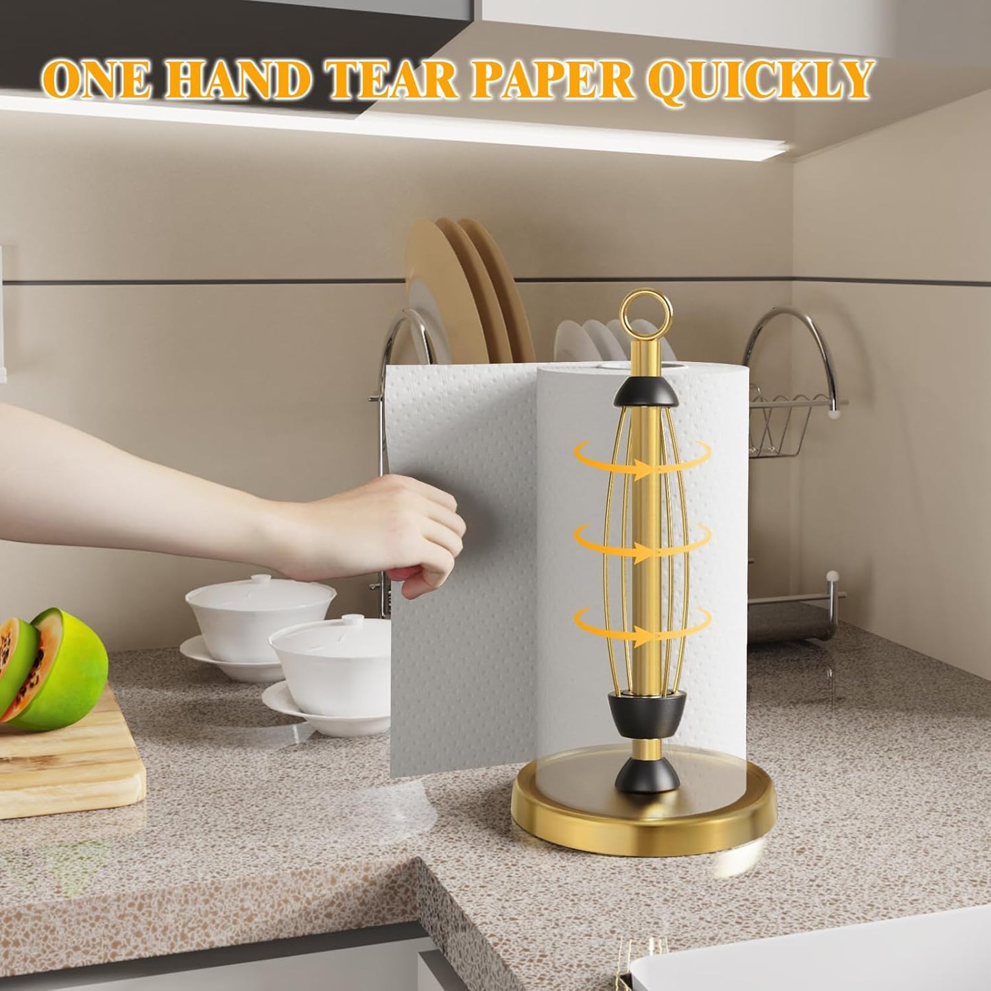 Gold Paper Towel Holder Countertop, Gold Kitchen Accessories Decor, One-Handed Tear, Stainless Steel, Weighted Base, Ring Paper Towel Holder Stand with Ratchet System for Kitchen Farmhouse Essentials