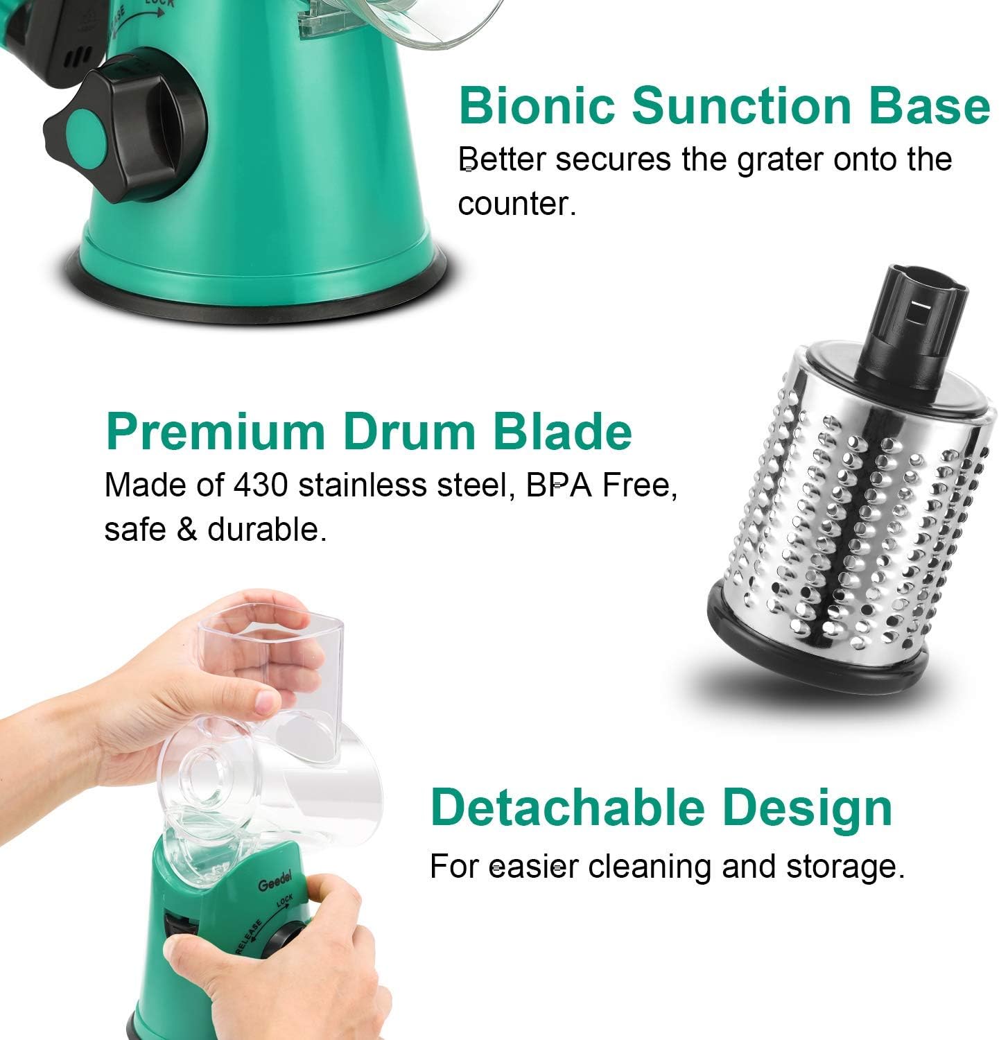 Geedel Rotary Cheese Grater with 3 Interchangeable Blades, Kitchen Mandoline Vegetable Slicer for Fruit, Nuts , Easy to Clean