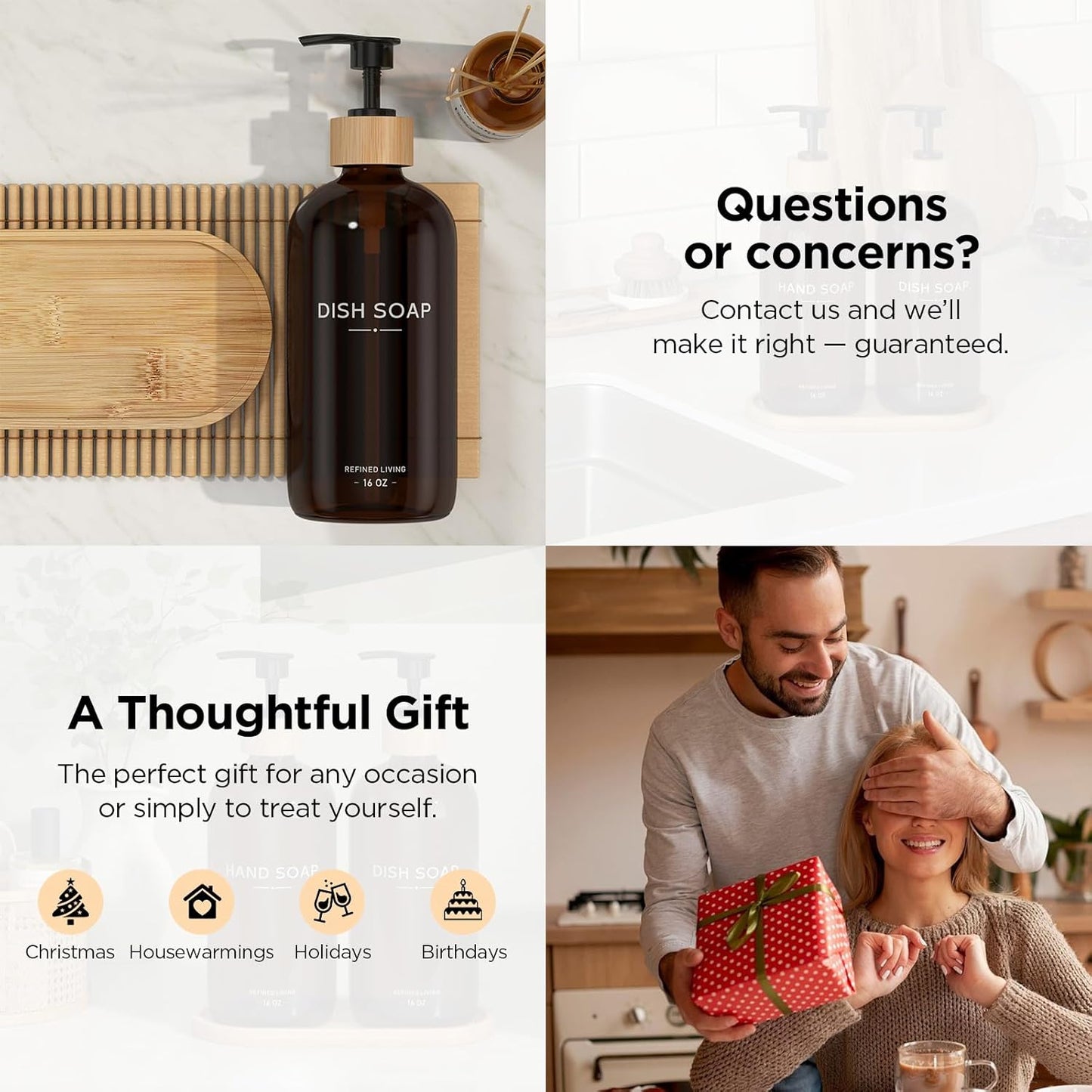 Hand and Dish Soap Dispenser Set,16oz Glass Bottles with Printed Labels, Bamboo Tray & Pump,Countertop Soap Dispensers for Kitchen,Luxury, Minimalist & Farmhouse Decor (Hand Dish (Amber))