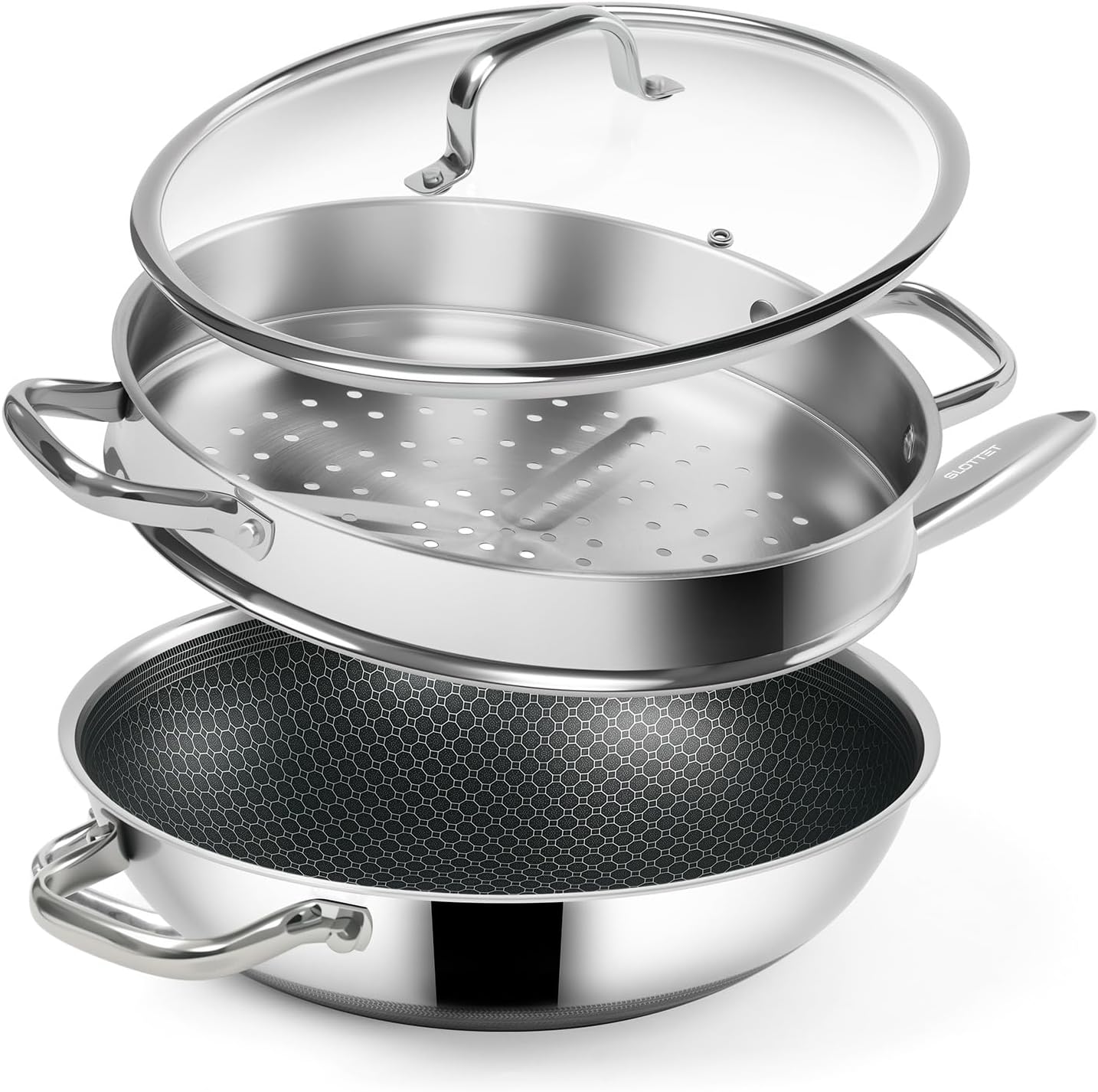 Hybrid 12-Inch Wok with Steamer,Nonstick Stainless Steel Woks & Stir-fry pans with Lid,Stay-Cool Handle,PFOA Free Cookware,Dishwasher and Oven Safe, Works on Induction