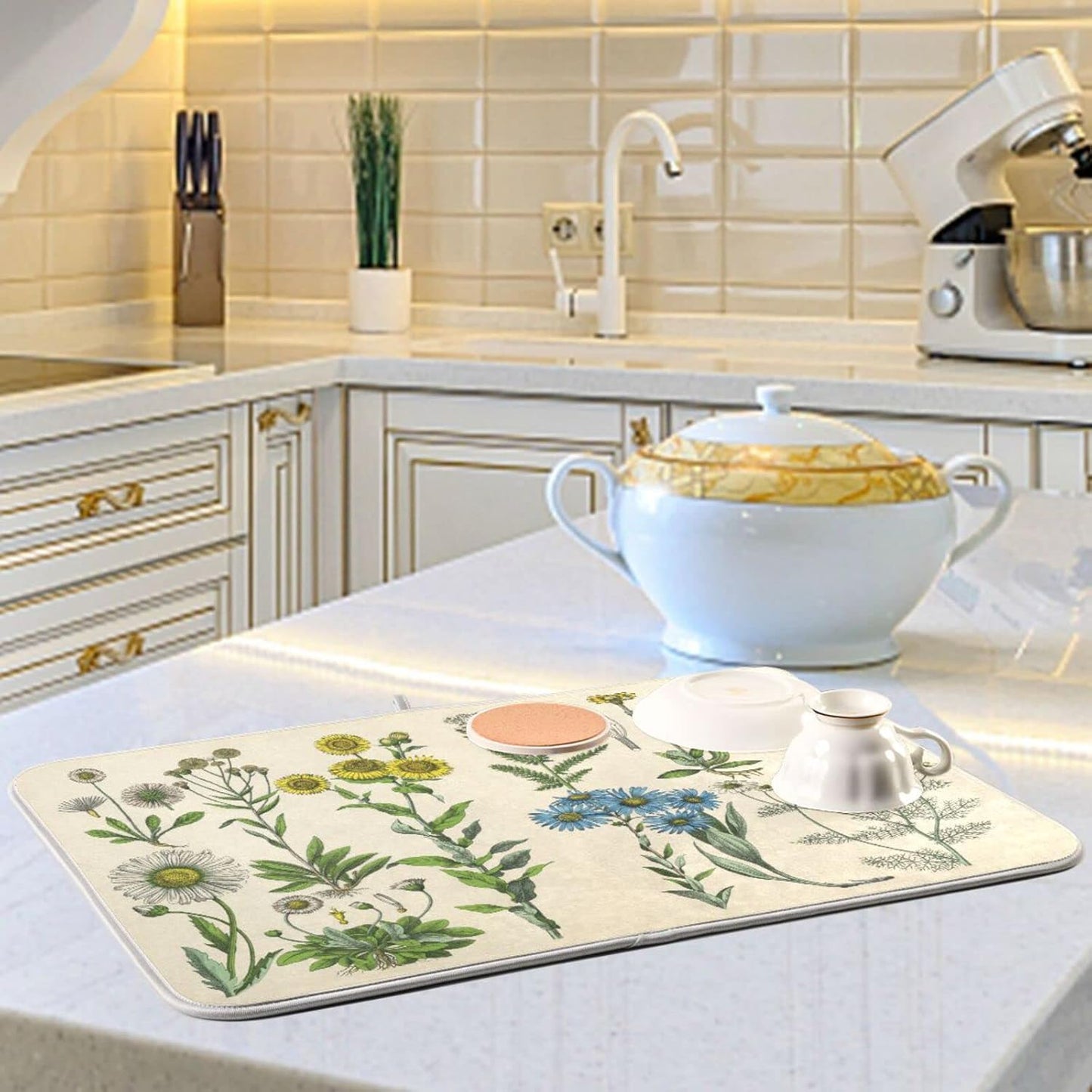 Herbs Flowers Botanical Plant Dish Drying Mat for Kitchen Counter Absorbent Microfiber Drying Pad, Large 18x24 in, Reversible Drainer Mats