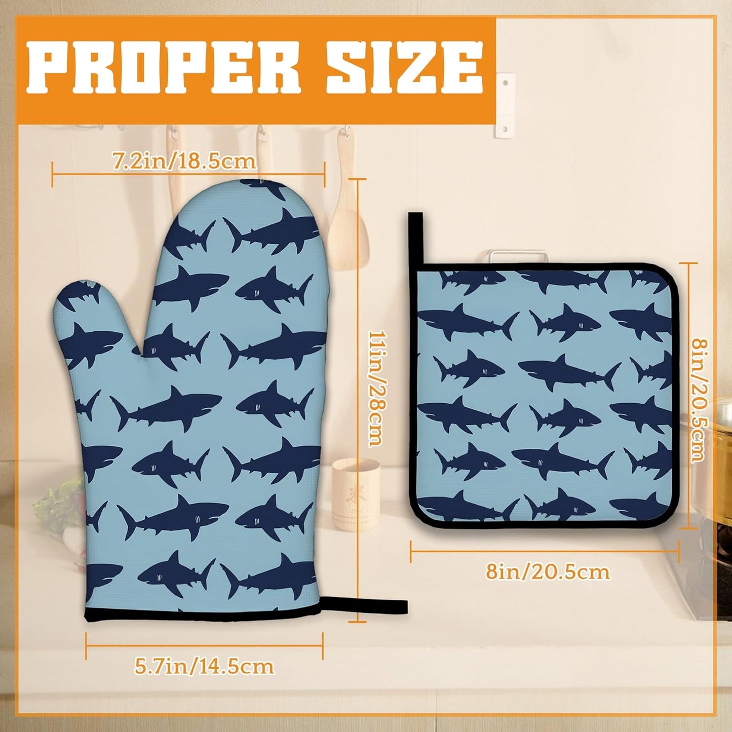 Blue Shark Oven Mitts and Pot Holders,Heat Resistant Oven Mitts Gloves and Pot Holder for Home Kitchen Decorations Cooking Baking BBQ Gifts,Set of 4