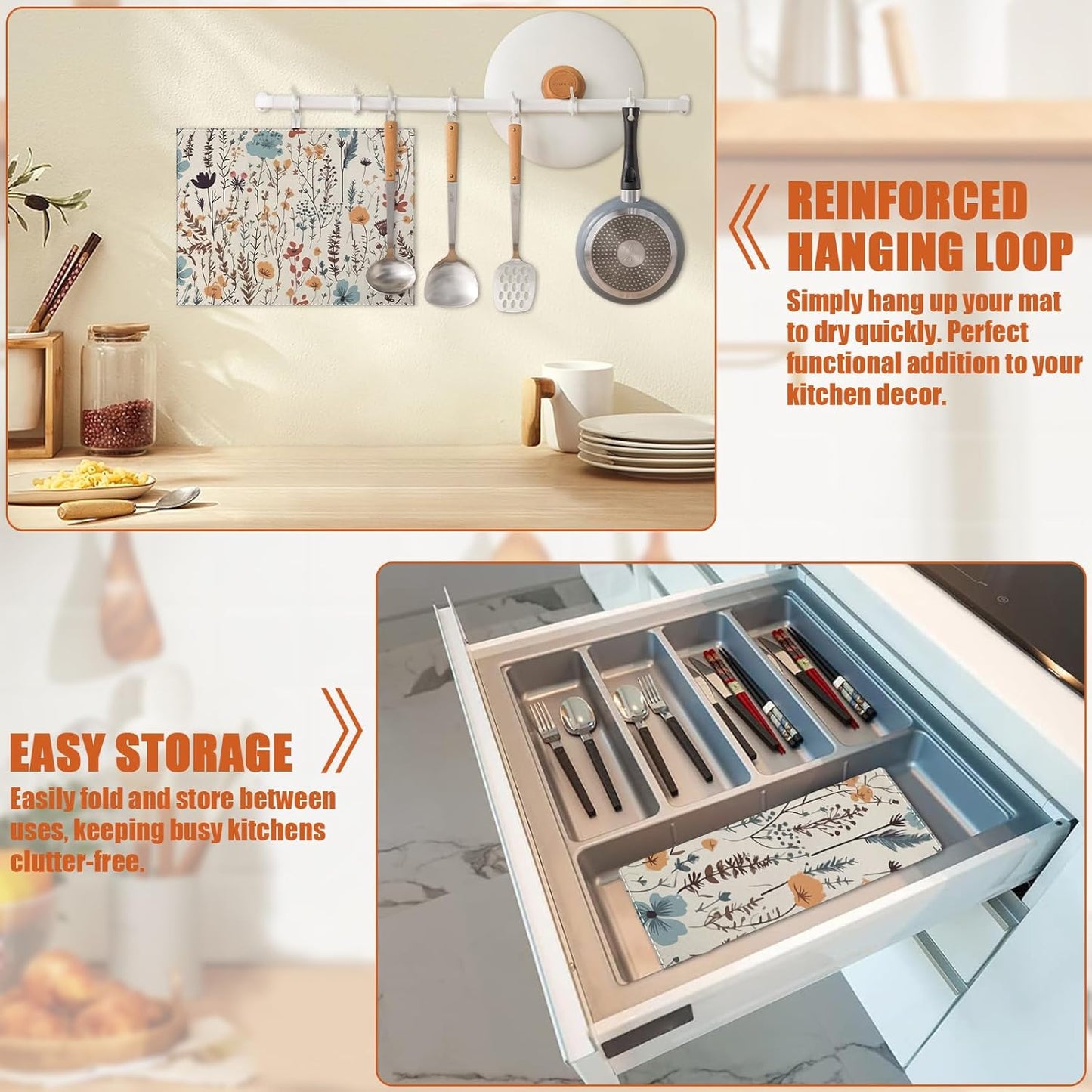 Vintage Floral Dish Drying Mat for Kitchen Counter Microfiber Absorbent Dish Kitchen Drying Mat Draining Reusable Washable for Dishes/Utensils/Counterto