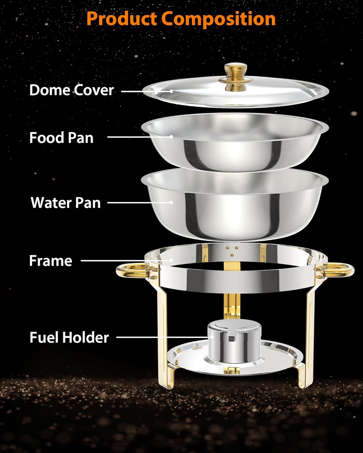 5QT 4 Packs Chafing Dish Buffet Set, NSF Round Stainless Steel Chafers and Warmers Food Servers Sets with Lid & Lid Holder, Spoon & Tweezer for Catering Events Parties Weddings Dinners, Gold