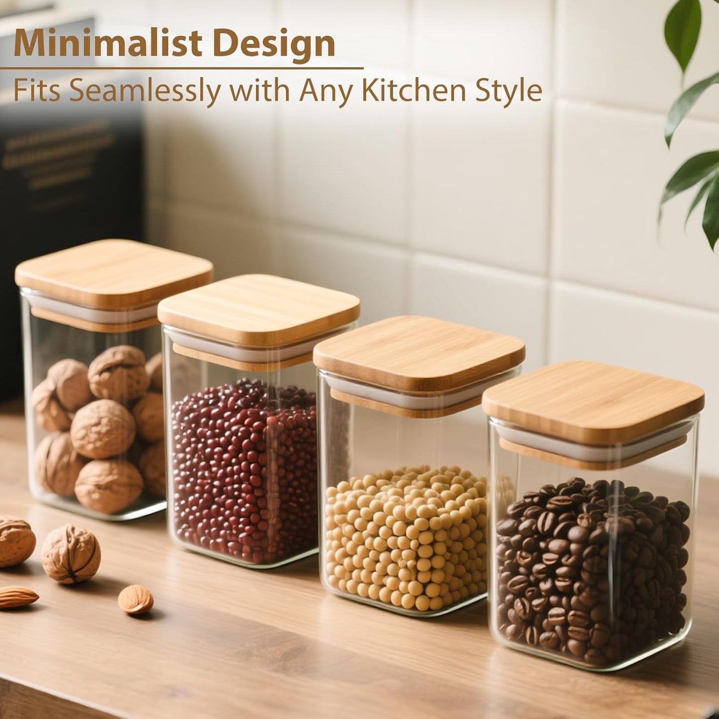 37oz Square Glass Storage Containers with Bamboo Lids – 4 Pack Clear Food Airtight Glass Jars for Pantry Organizers and Storage, Kitchen Dry Food, Coffee, Sugar, Flour, Snacks, Spices