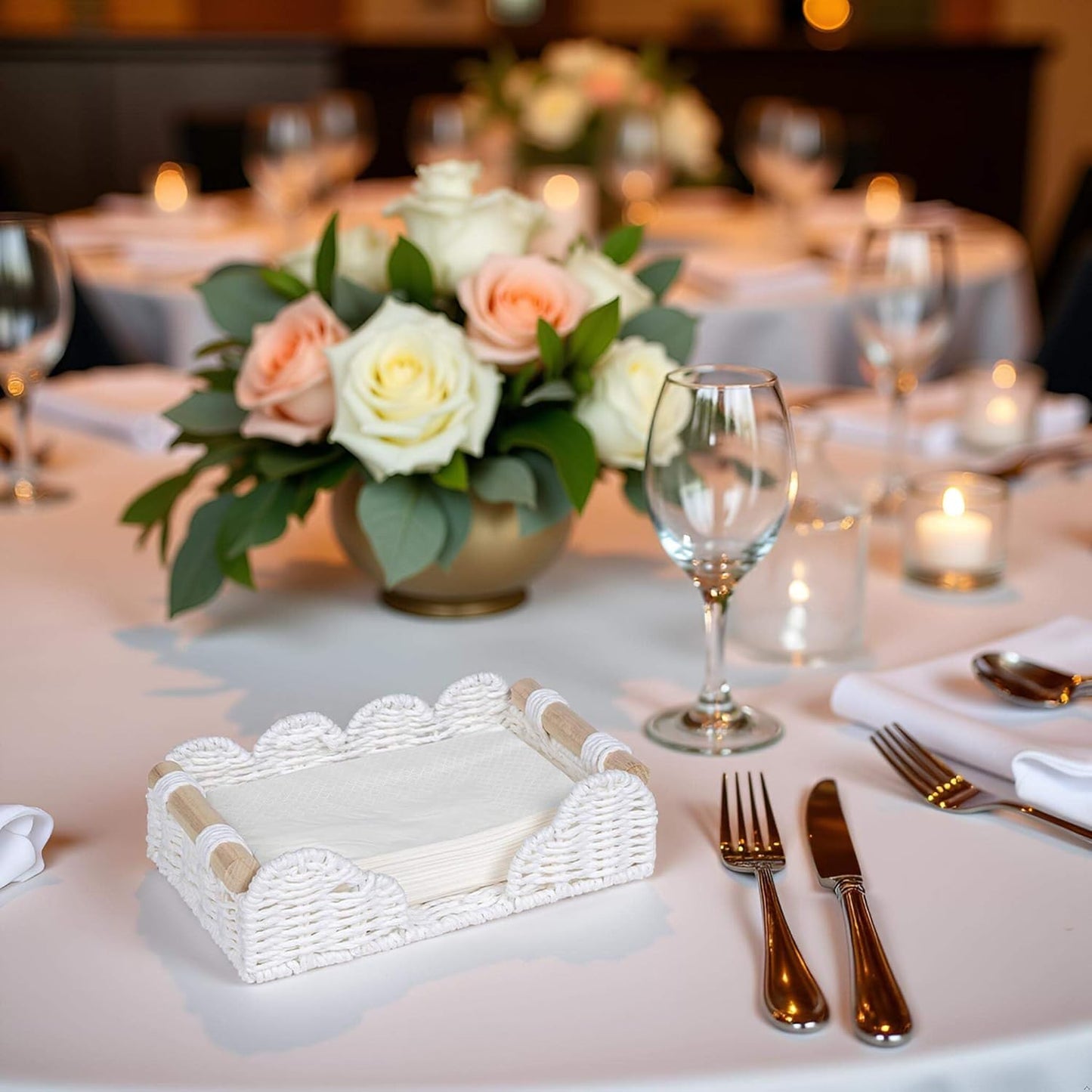 CubesLand Scalloped Napkin Holder for Bathroom Decor, Paper Rope Flat Napkin Dispenser Guest Towel Tray for Bathroom, Farmhouse Warm Napkin Holder for Table Dining Room Home Kitchen Decor, White