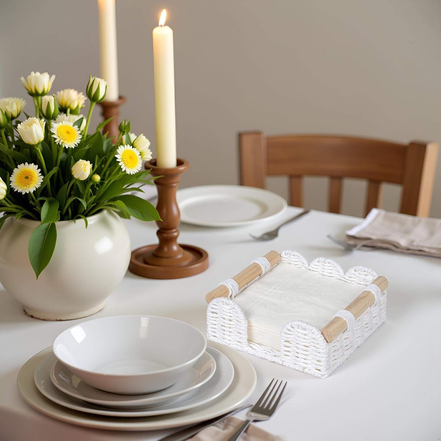 CubesLand Scalloped Napkin Holder for Table, Farmhouse Warming Home Kitchen Decor, Paper Rope Flat Napkin Dispenser Guest Towel Tray for Bathroom, Disposable Napkin Basket for Dining Table, White