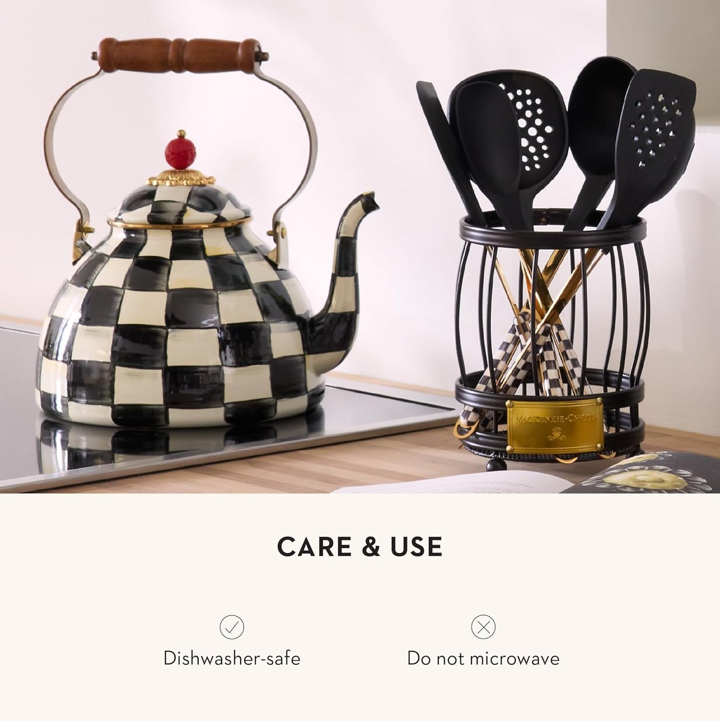 MACKENZIE-CHILDS Kitchen Ladle, Silicone Ladle Spoon for Cooking, Black-and-White Courtly Check