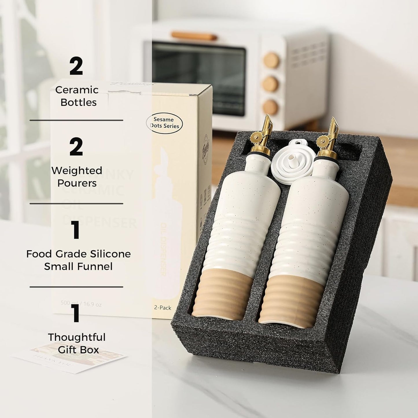 Frewinky 16.9oz Olive Oil Dispenser Bottle with Funnel, Ceramic Oil Dispenser for Kitchen, White Cooking Oil Dispenser for Storage Oil, Vinegar, Syrups & Other Liquids, Set of 2