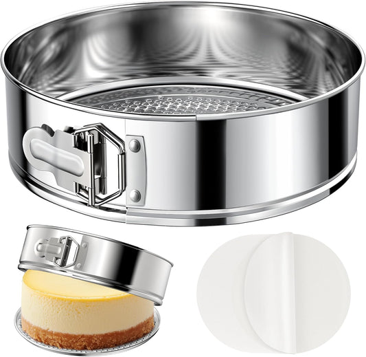 10 Inch 304 Stainless Steel Springform Pan with Removable Bottom, Nonstick Round Spring Form Cheesecake Pan with 30 Pcs Parchment Paper Liners