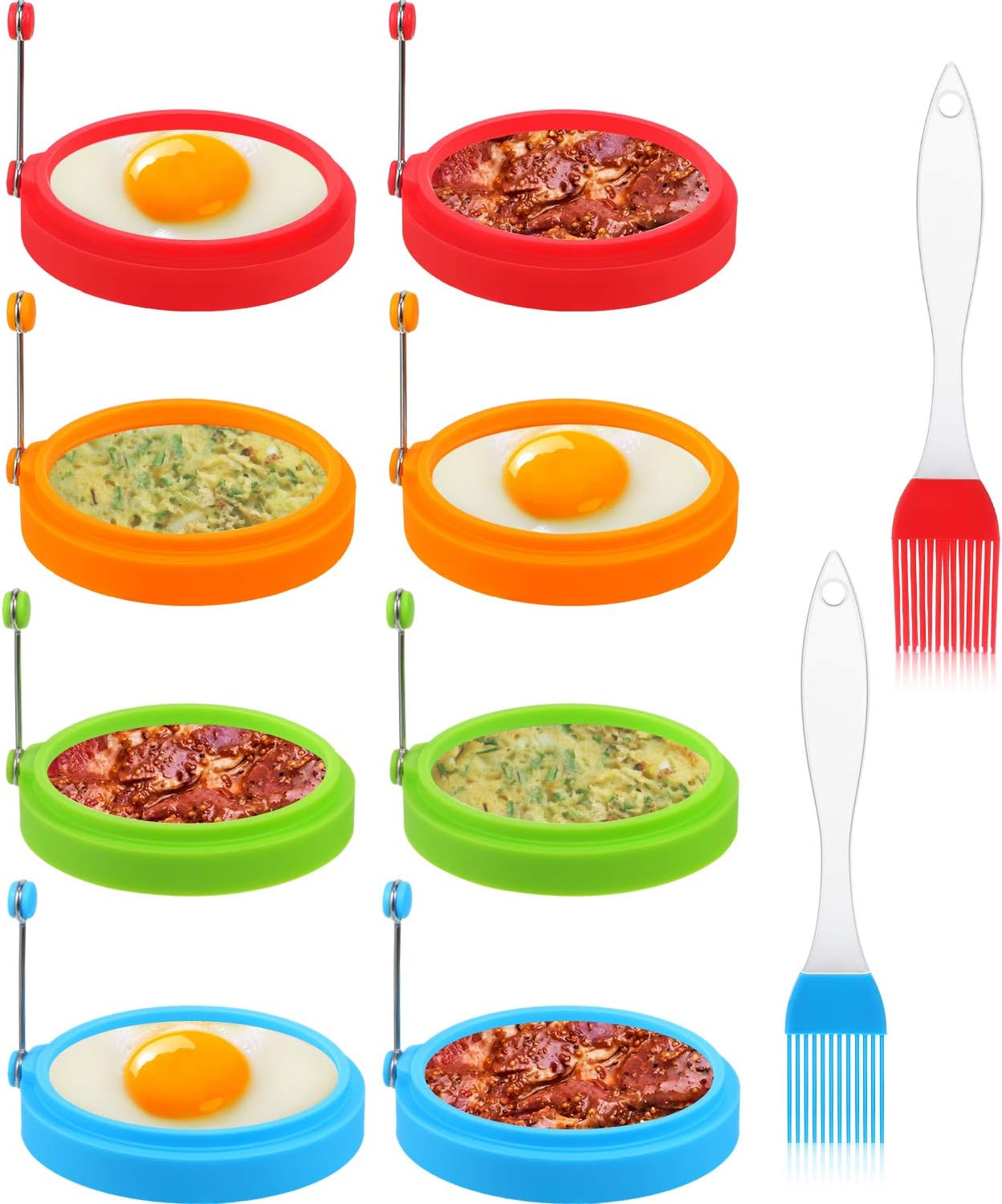 8 Packs Food Grade Silicone Egg Rings with 2 Silicone Brushes Set Bulk 4 Inch Round Egg Rings for Frying Eggs Non Stick Fried Eggs Mold Pancake Breakfast Sandwiches English Muffins Sausage Cooking