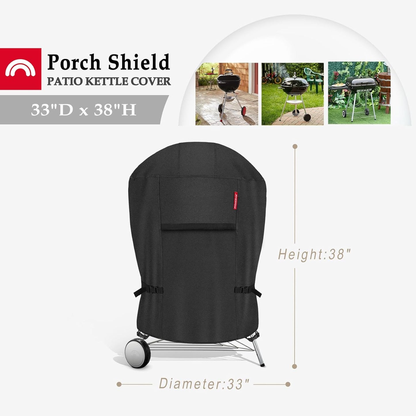 Porch Shield Outdoor Charcoal Kettle Grill Cover 26 inch Waterproof 600D Round Smoker Cover Fits Most Kettle Grill 33" Dia x 38" H, Black