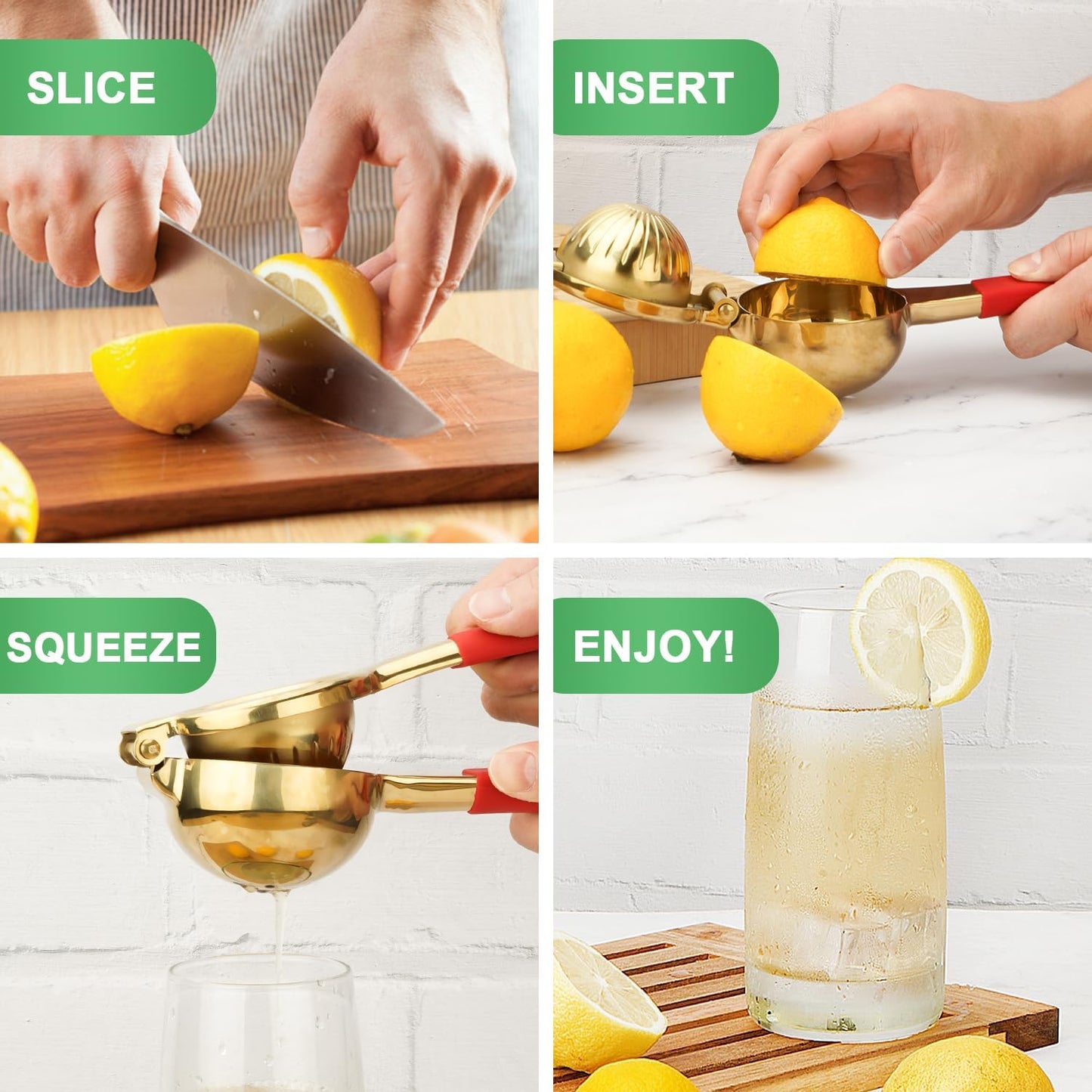 Lemon Squeezer,304 Stainless Steel Citrus Press Juicer,Non-Slip Grip Design Manual Juicer,Heavy Duty Manual Citrus Press Juicer & Lime Squeezer-Gold & Red