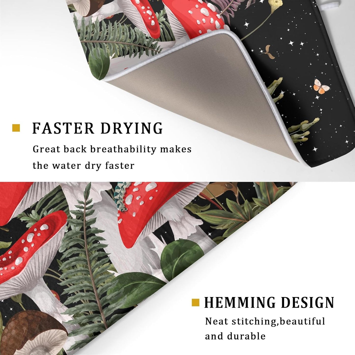 Red Mushroom Dish Drying Mat for Kitchen Counter Plant Leaves Drainer Mats Rack Holder Countertop Absorbent Microfiber Coffee Pads 18x24 Inch